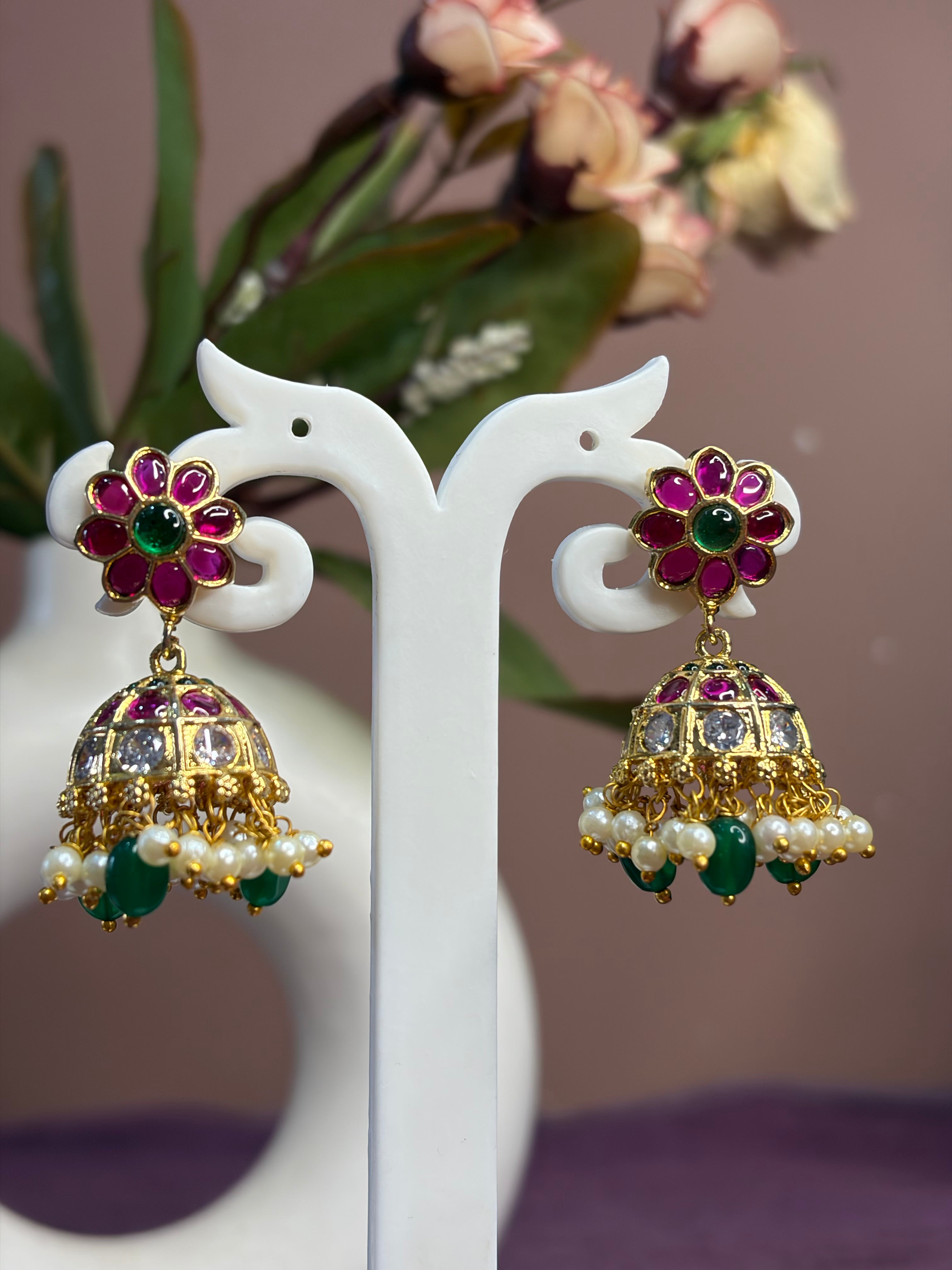 Traditional Flower Stud Jadau Kundan Earrings