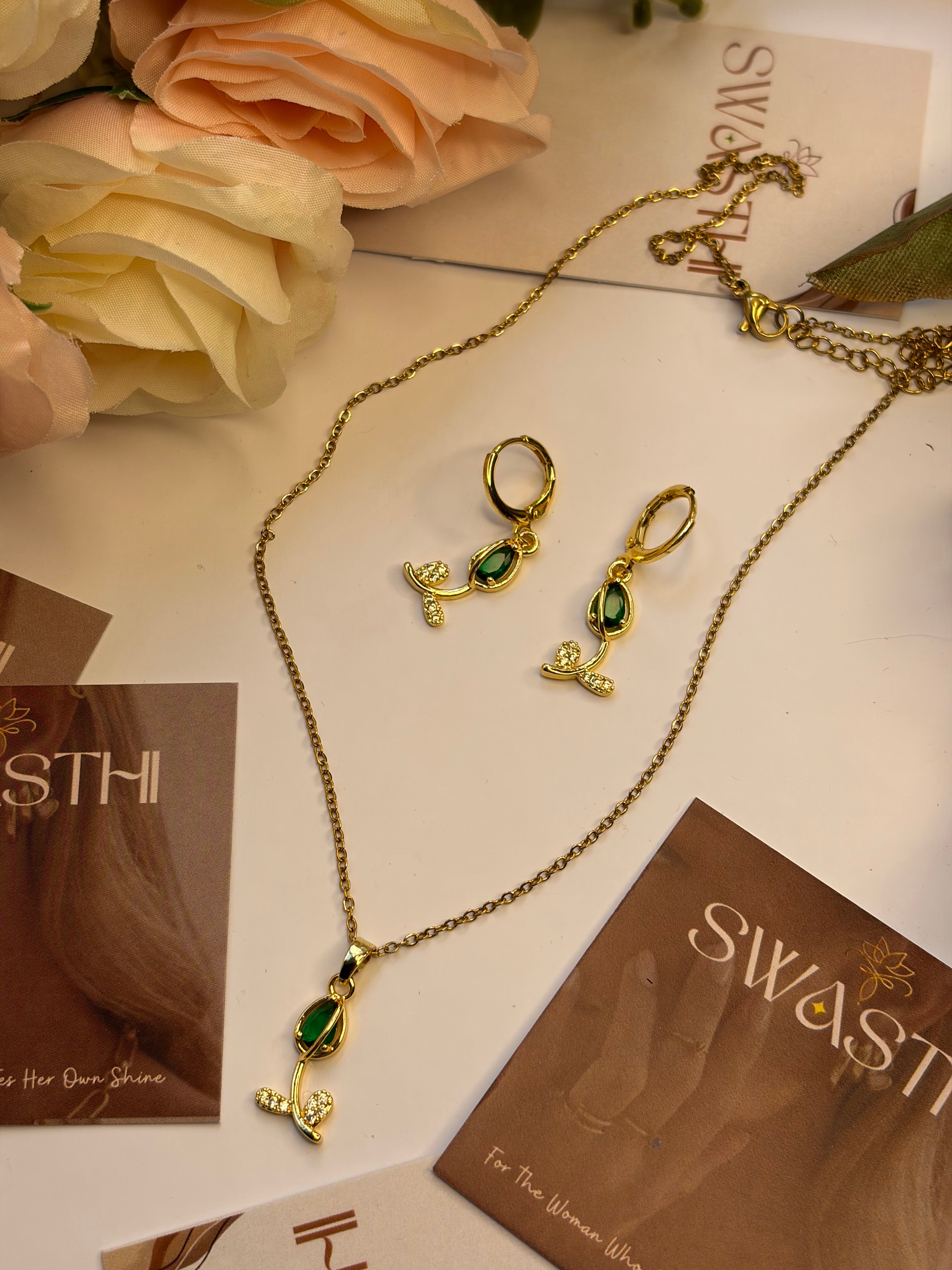 Green Tulip Earrings with Chain