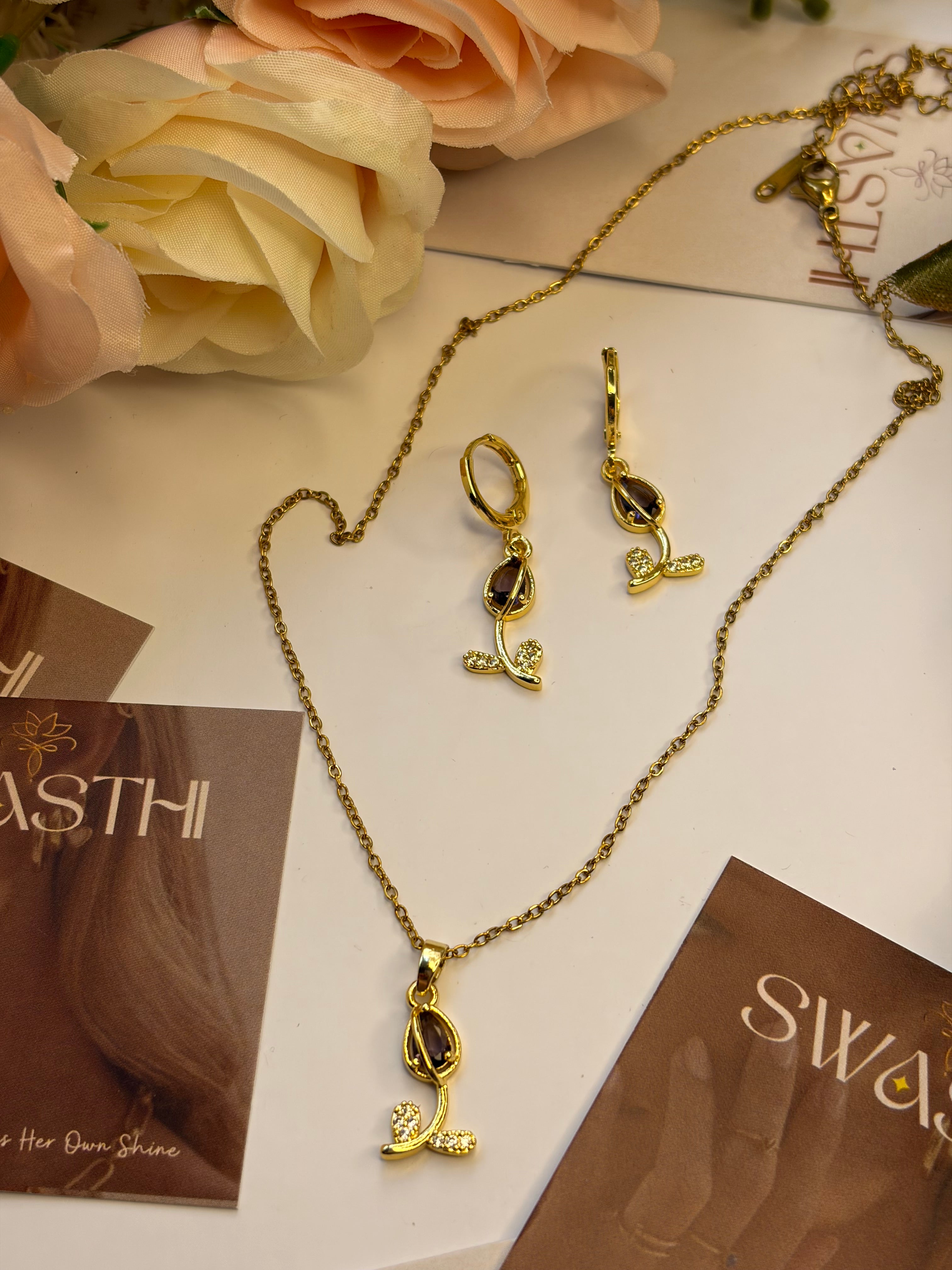 Voilet Stone Tulip Earrings with Chain