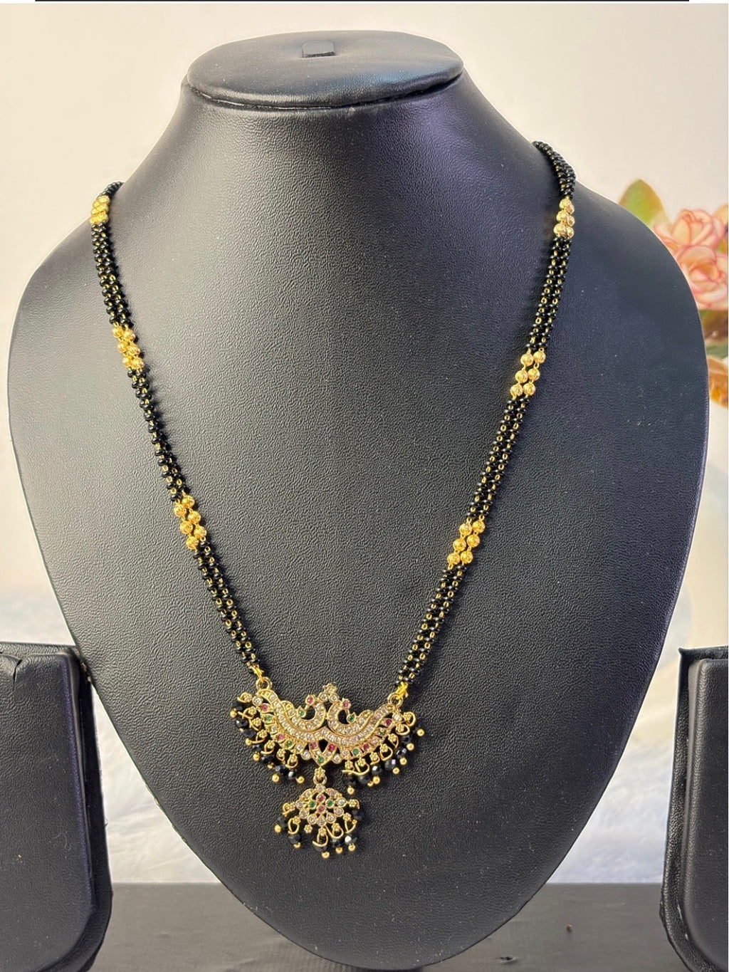 Peacock Locket Long Black Beads