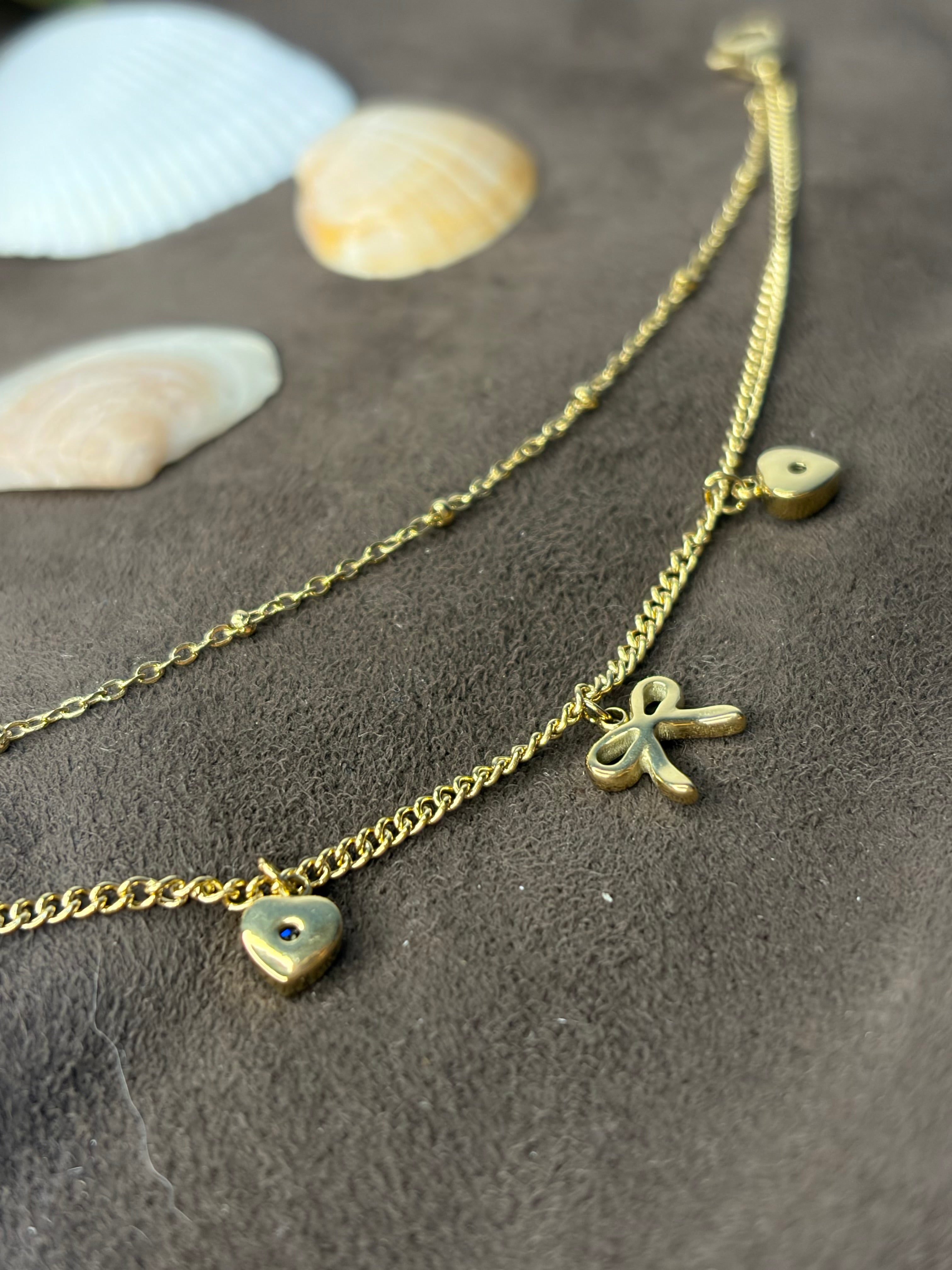 Heart with Bow Double Layered Chain Braclet