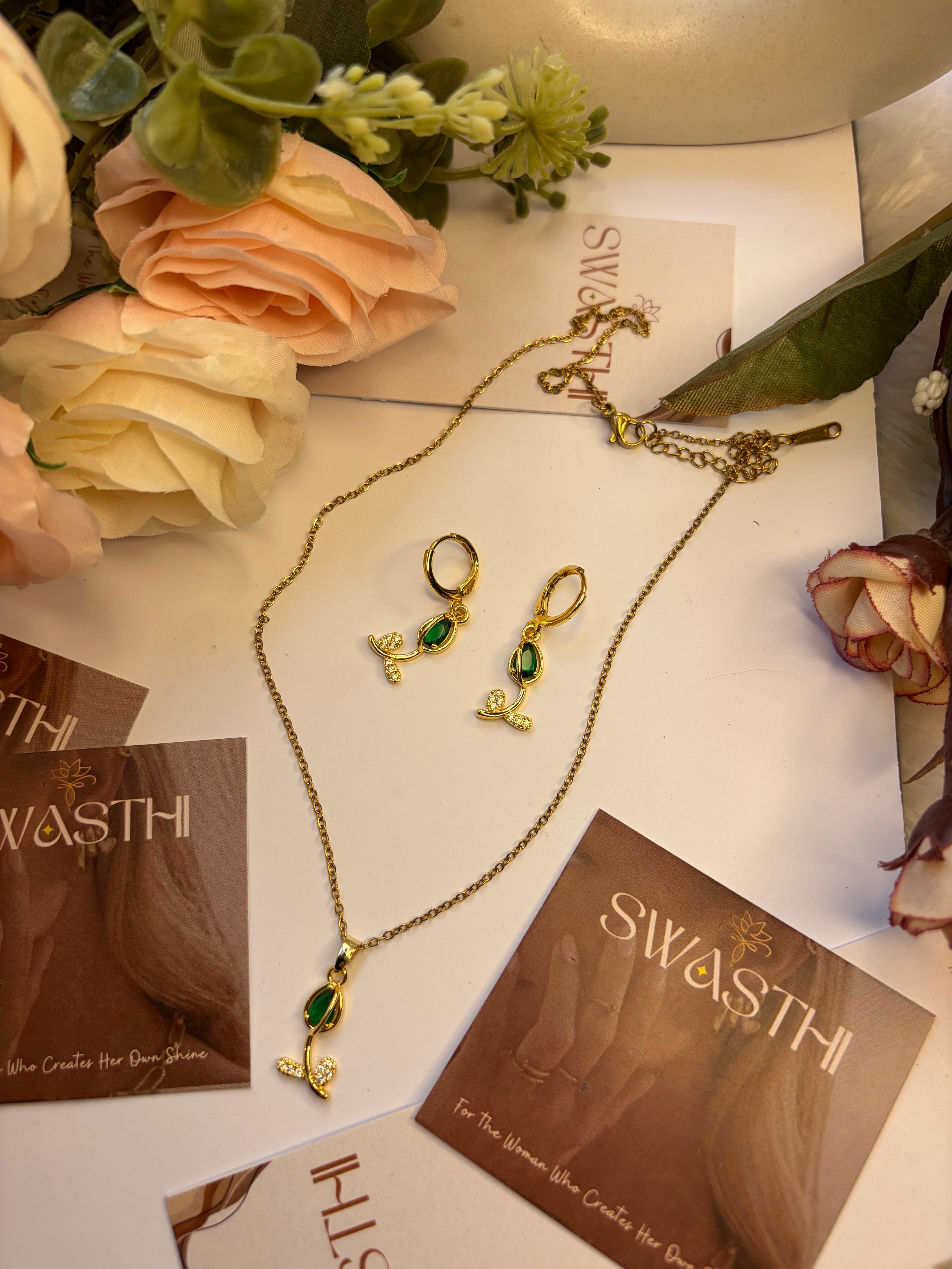Green Tulip Earrings with Chain