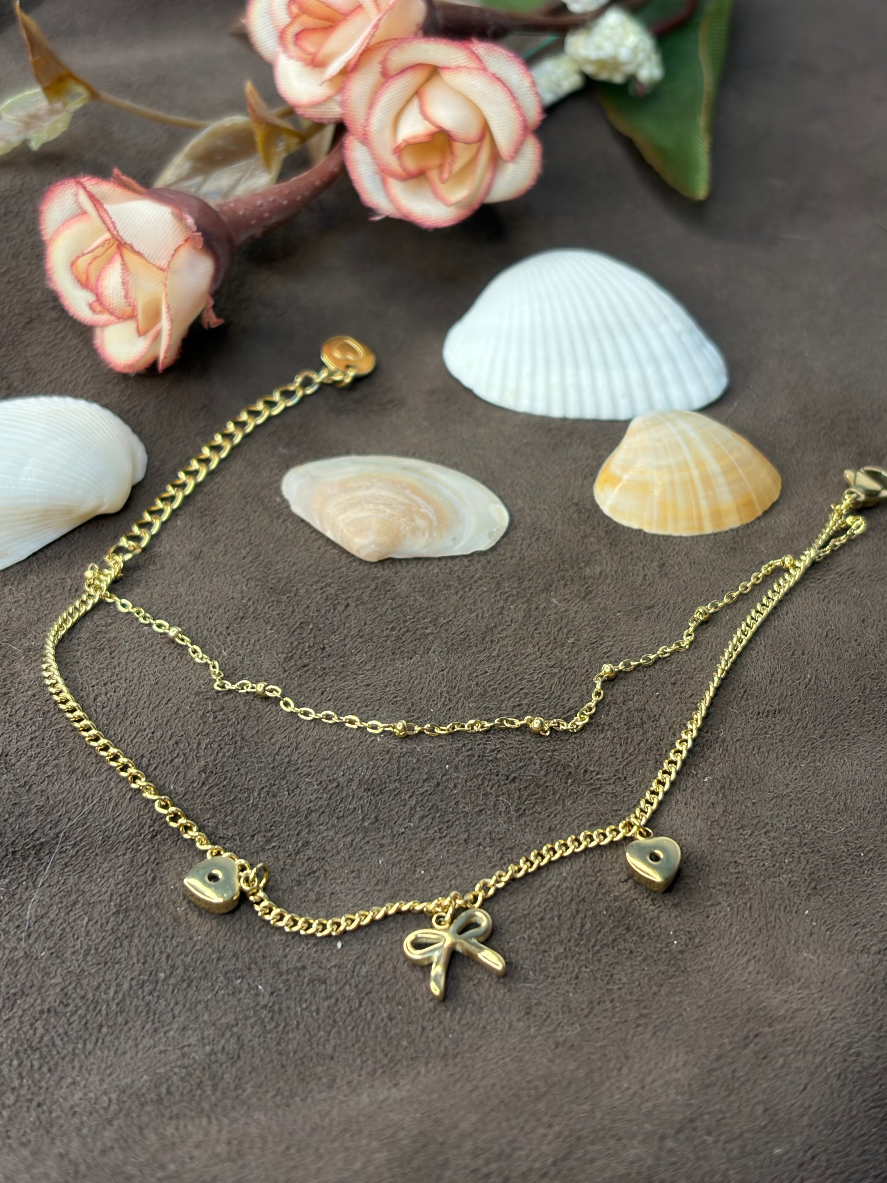 Heart with Bow Double Layered Chain Braclet