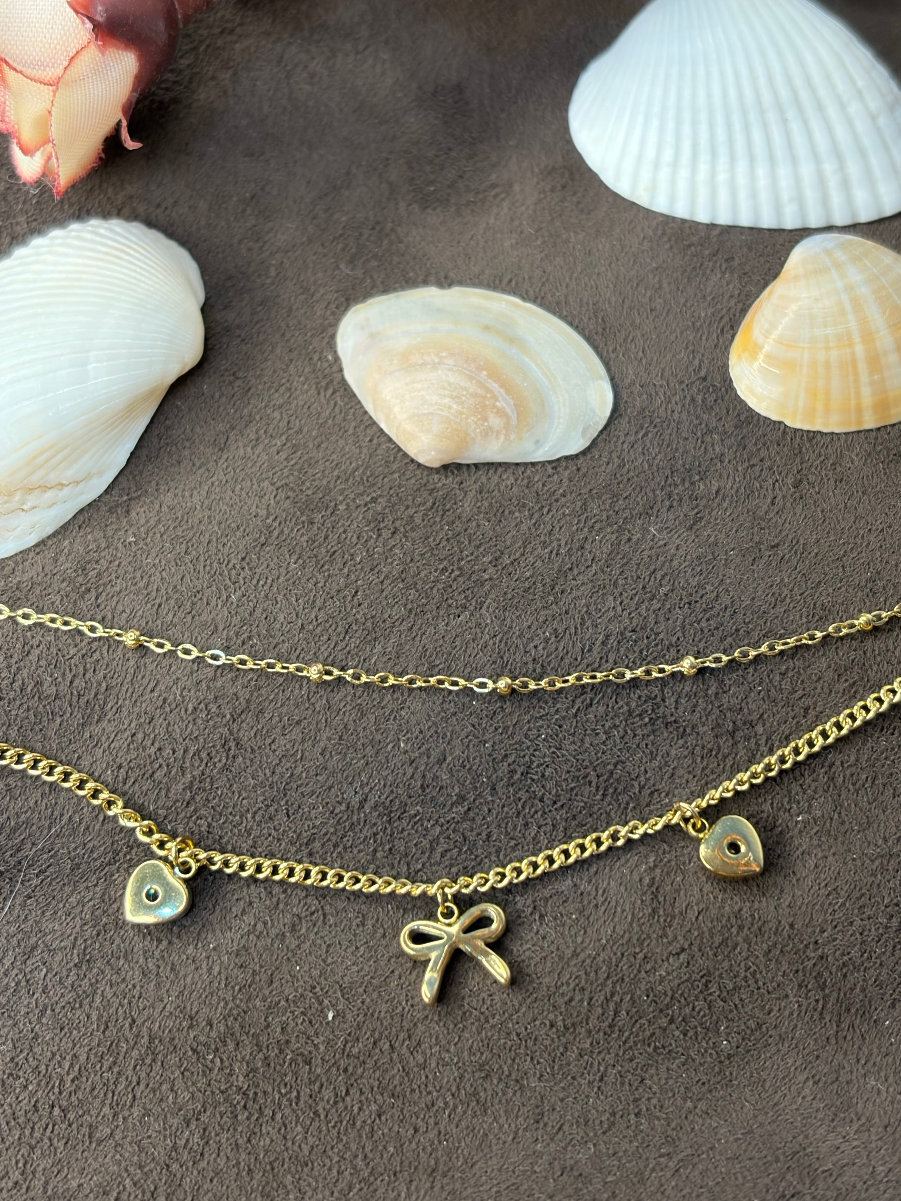 Heart with Bow Double Layered Chain Braclet