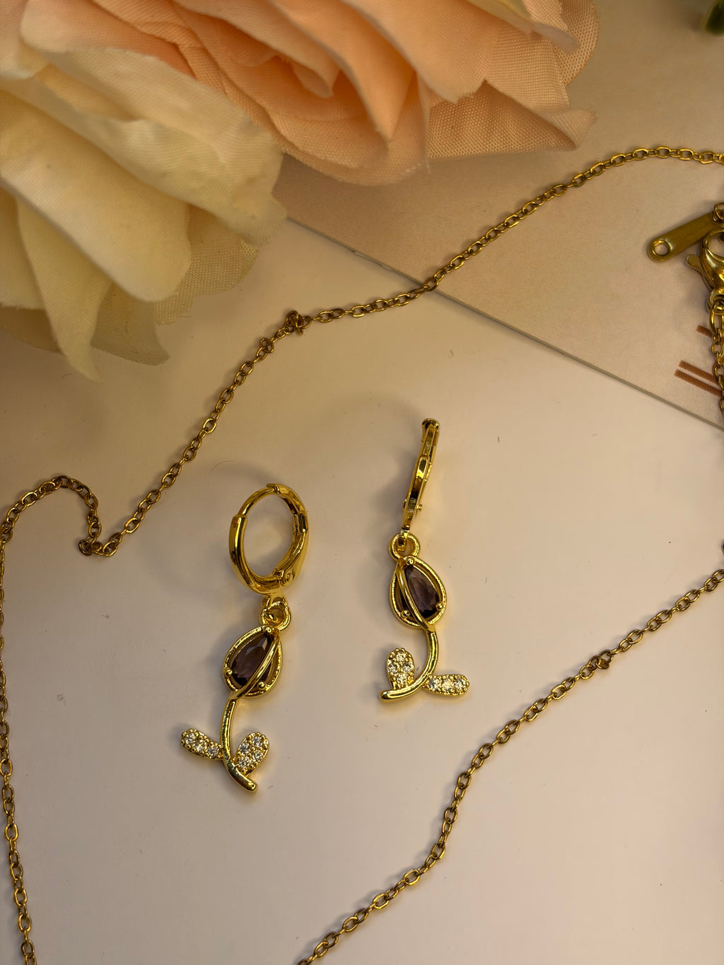 Voilet Stone Tulip Earrings with Chain
